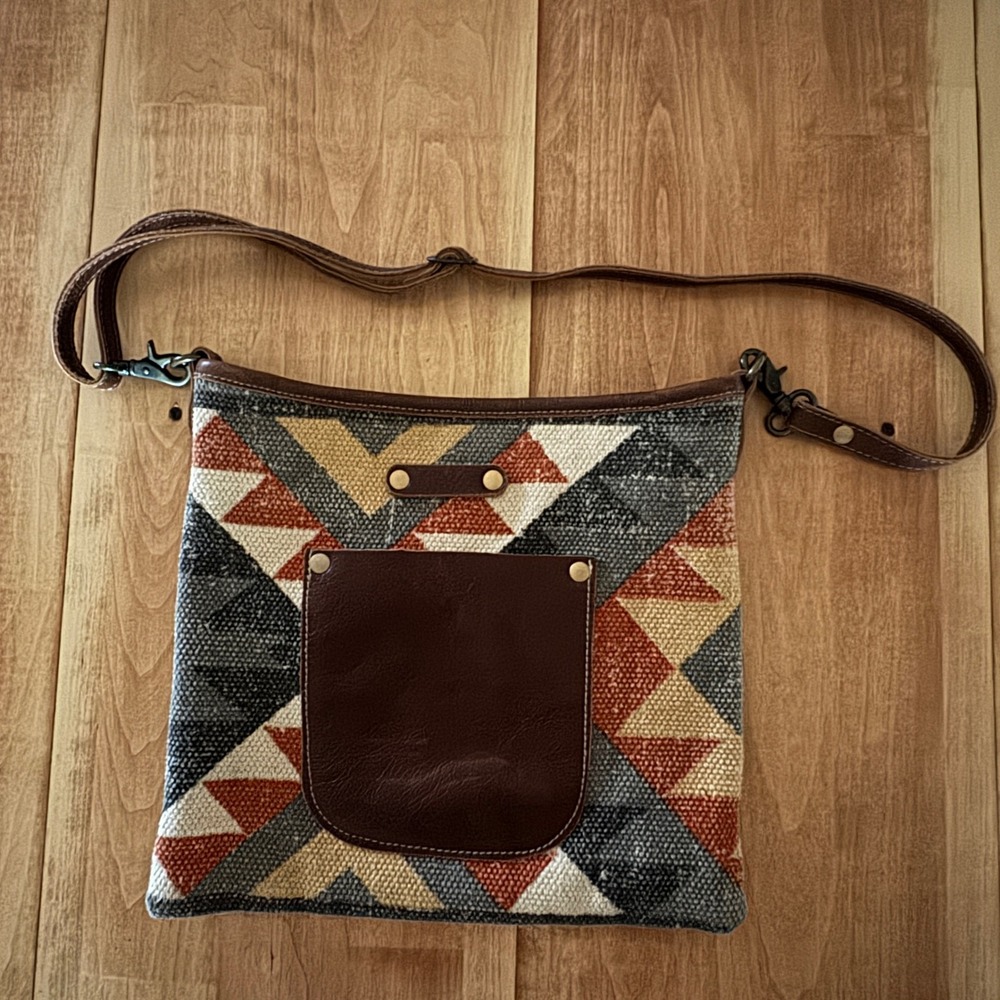 Myra Bag Upcycled Canvas Leather Southwestern Geometric Crossbody Bag